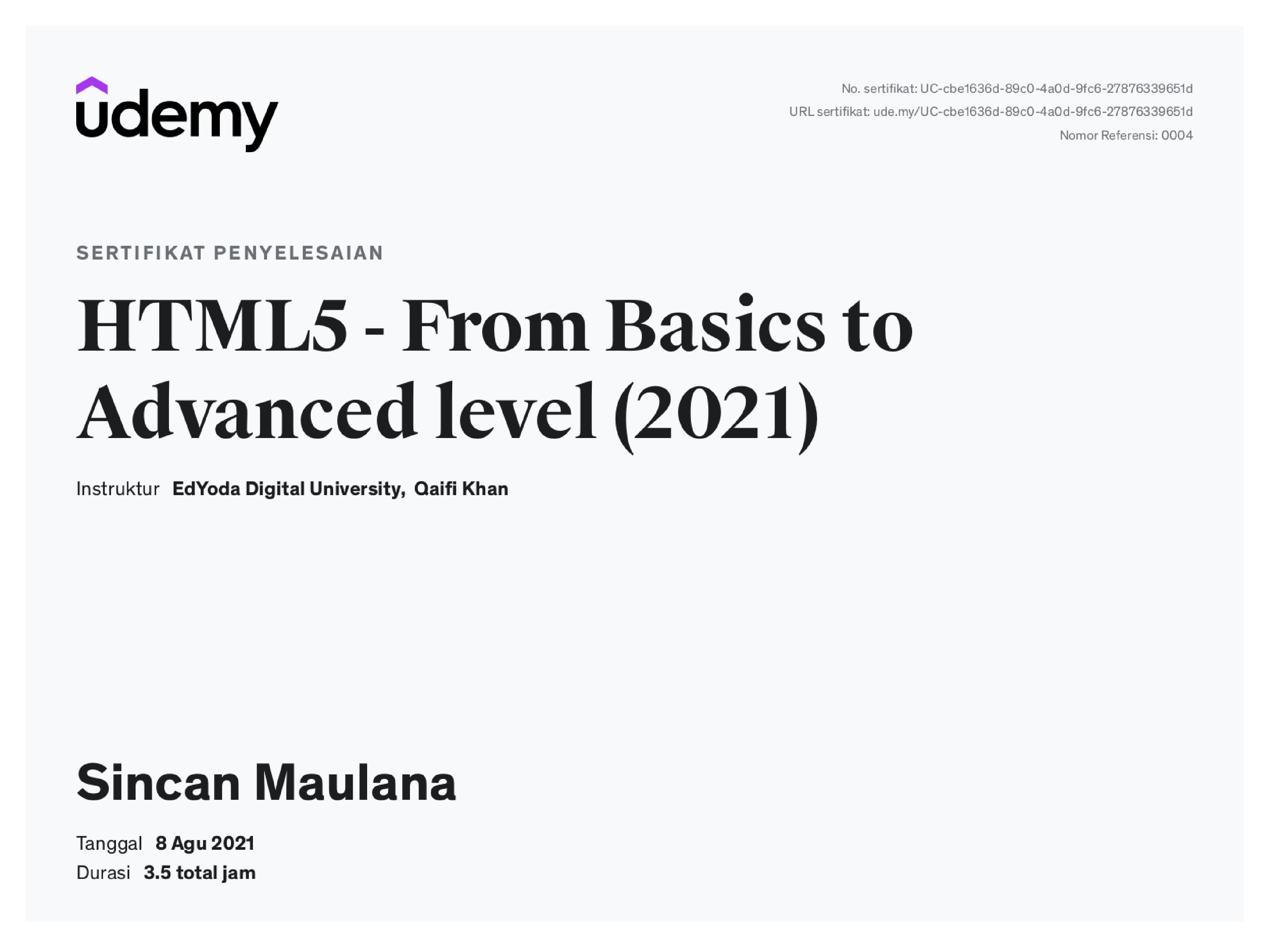 Sertifikat HTML5 - From Basic To Advanced Level 2021