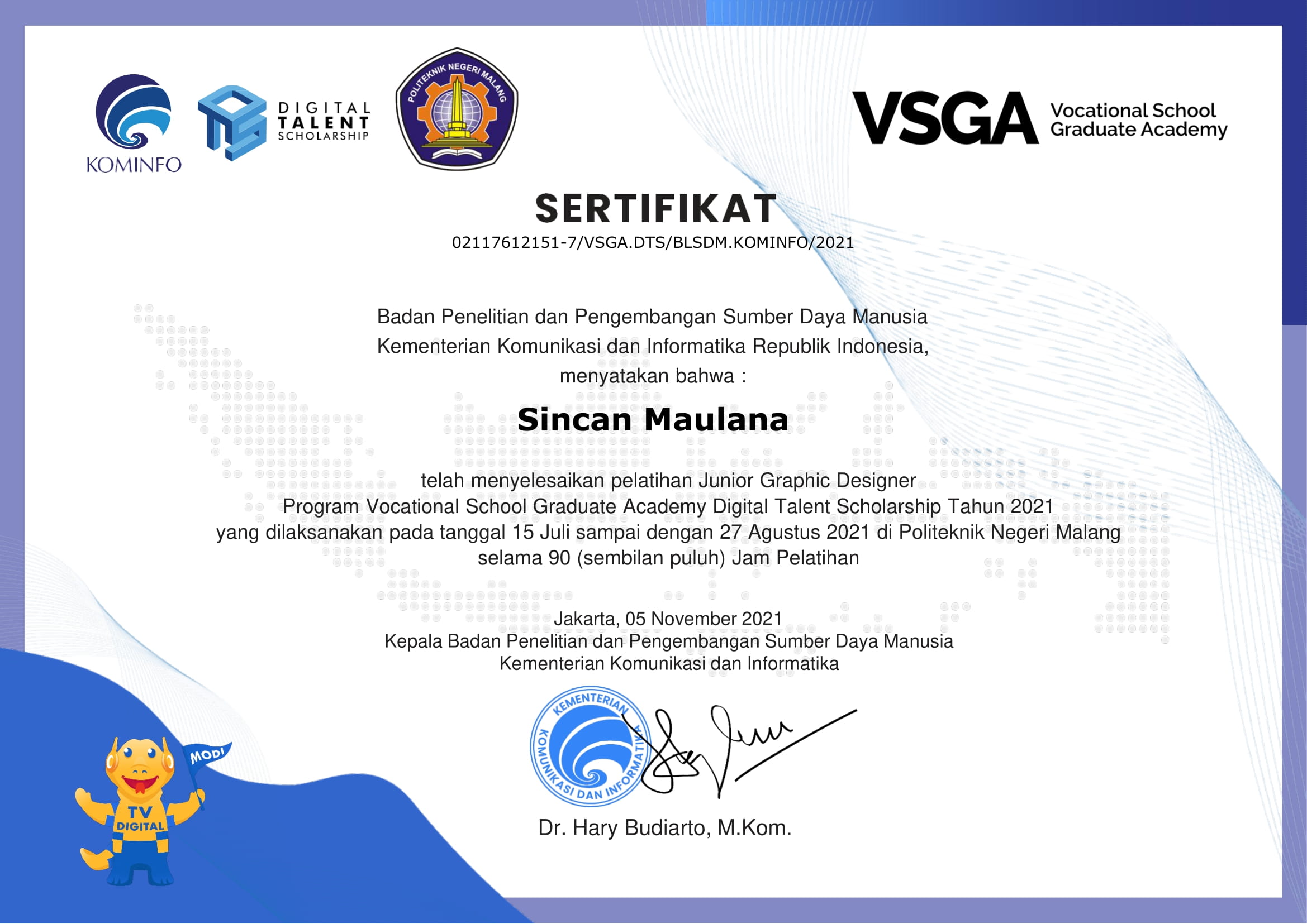 Sertifikat Junior Graphic Designer Digital Talent Scholarship 2021