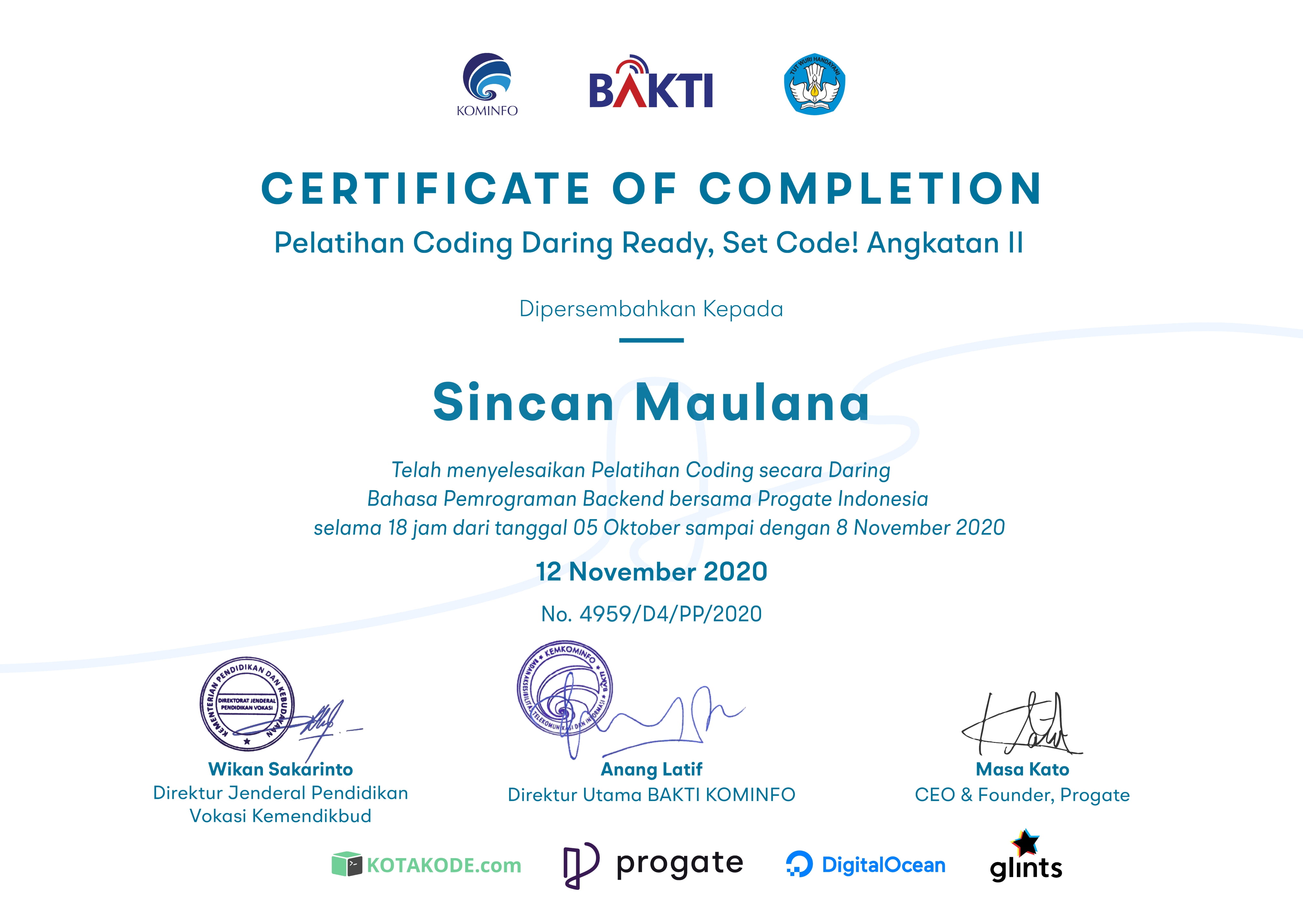 Sertifikat Pelatihan Coding Daring Ready, Set Code! Angkatan II